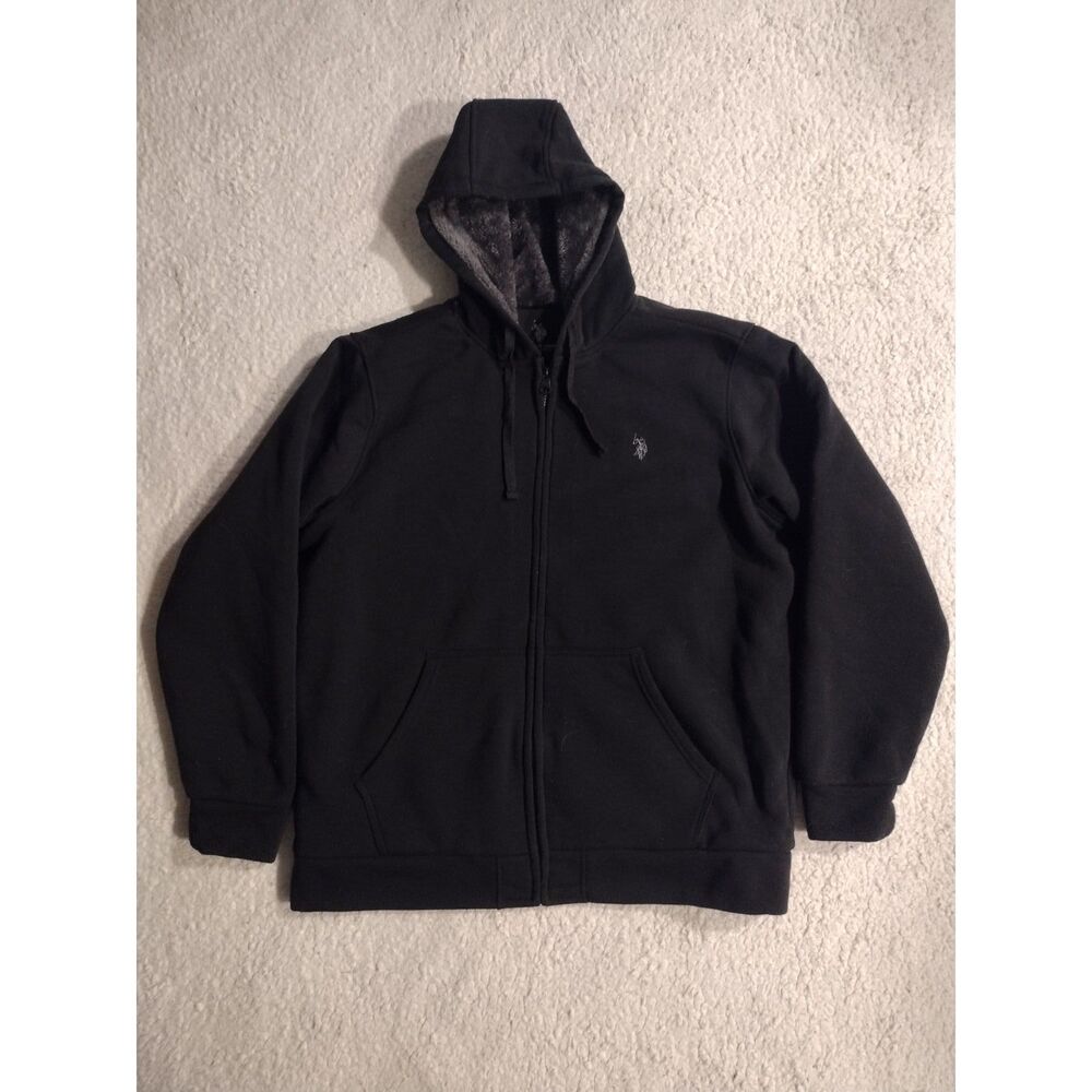 US Polo Assn. Size XL Association USPA Black Fur Lined Zip-Up Hoodie Sweater